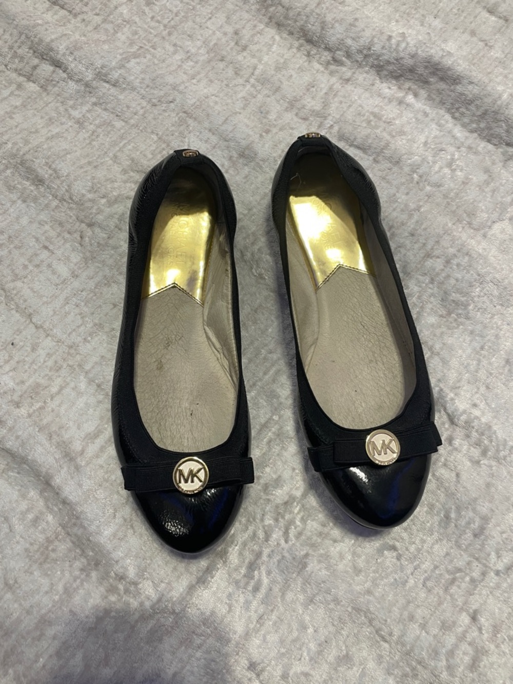 Michael Kors Black Patent and Leather Bow Ballet Flats with Gold MK Medallion